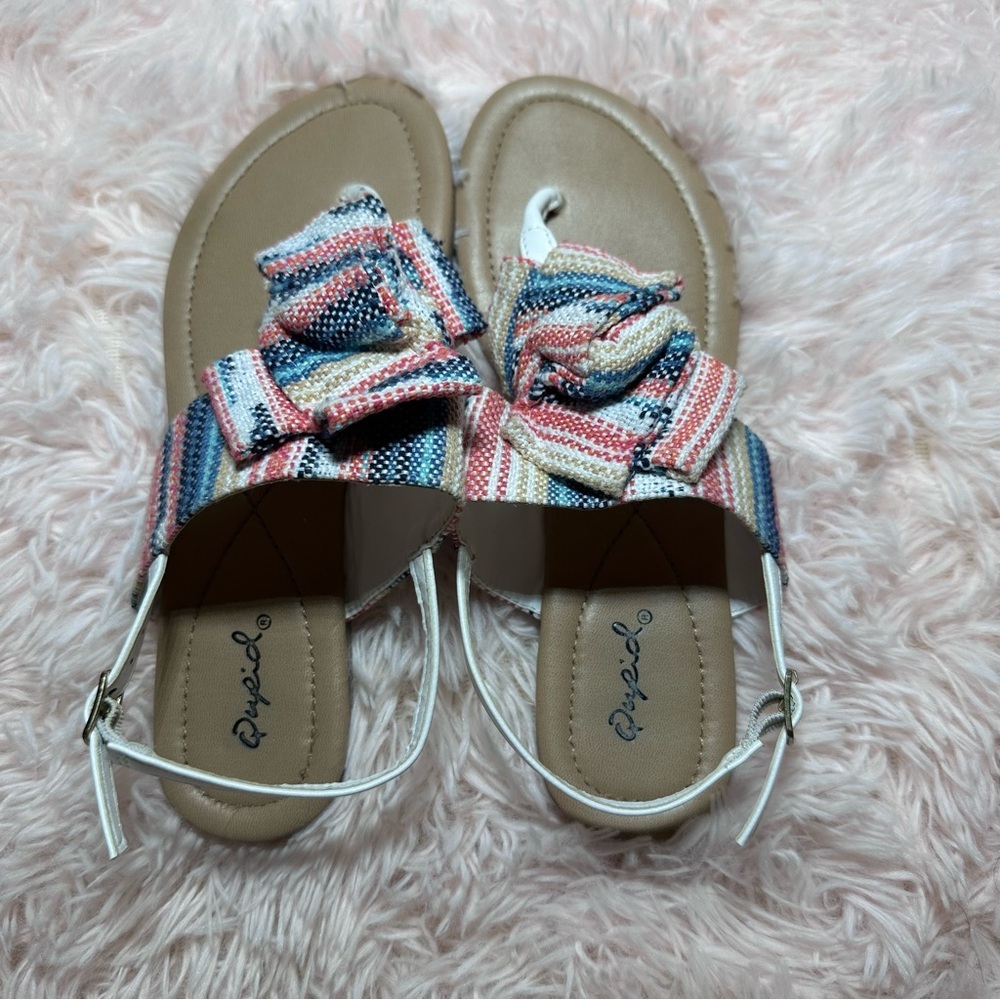 Qupid Size 7 colorful striped bow sandals boho summer slingback flats casual